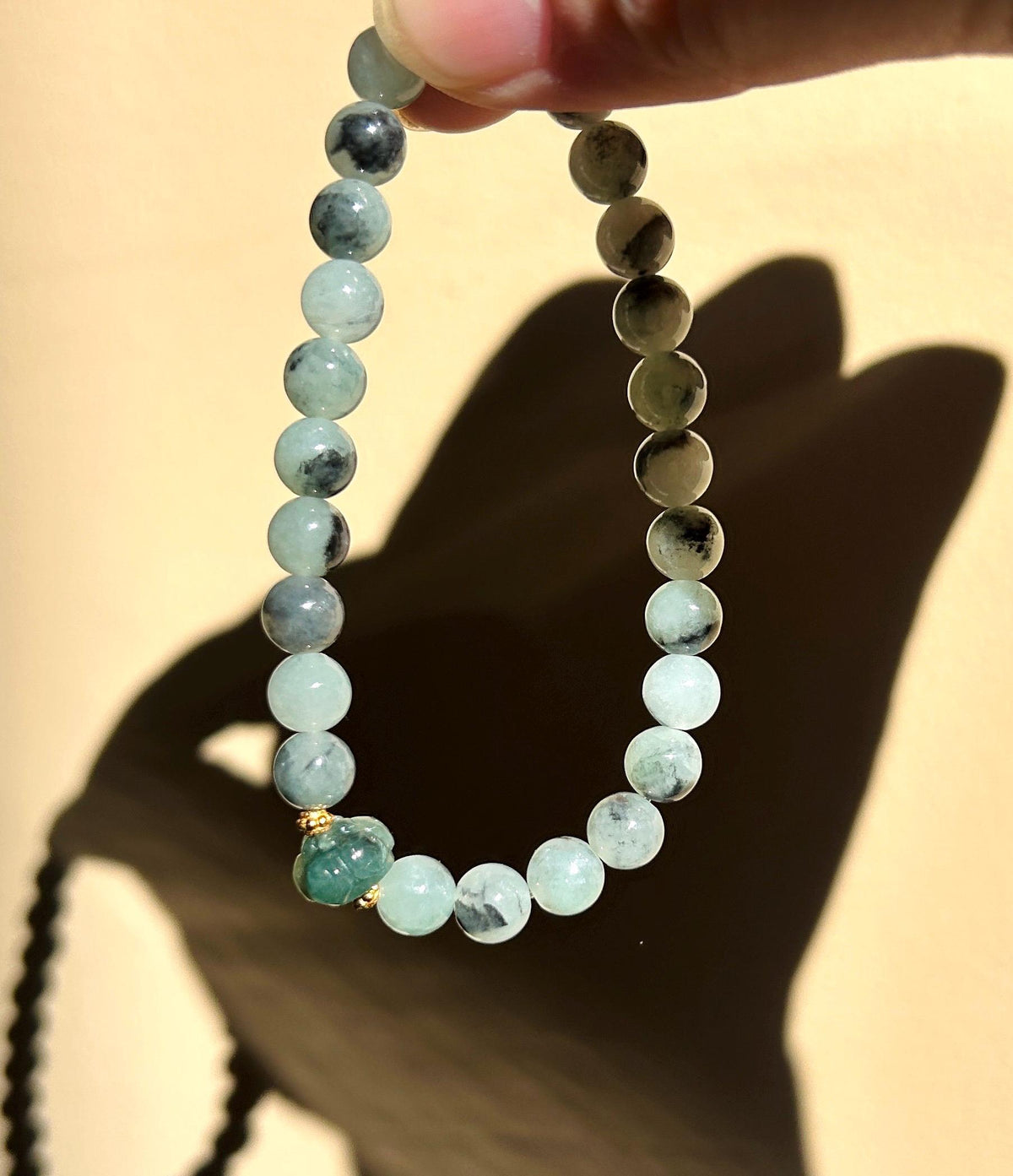 Natural Jadeite Beaded Bracelet, Burmese Type A Icy-Translucent Pale Green Base, Ink-Wash Landscape Wuji Jade, 6.8mm