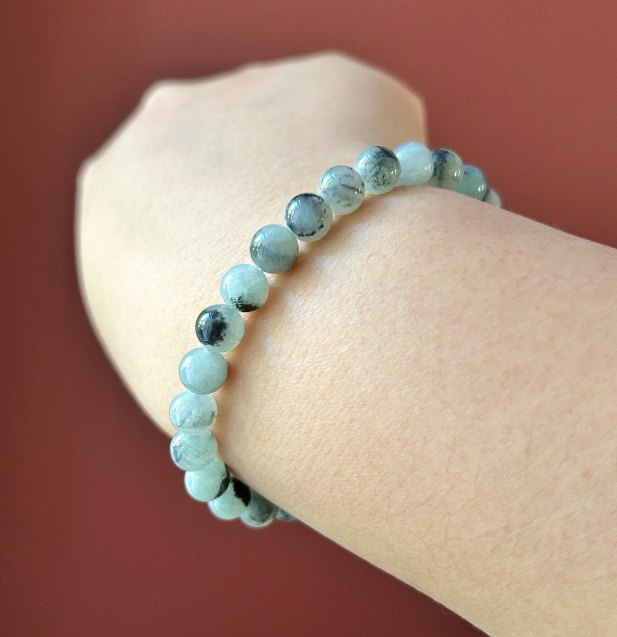 Natural Jadeite Beaded Bracelet, Burmese Type A Icy-Translucent Pale Green Base, Ink-Wash Landscape Wuji Jade, 6.8mm