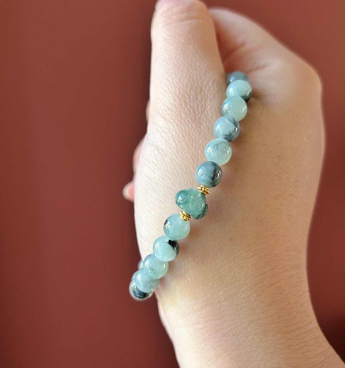 Natural Jadeite Beaded Bracelet, Burmese Type A Icy-Translucent Pale Green Base, Ink-Wash Landscape Wuji Jade, 6.8mm