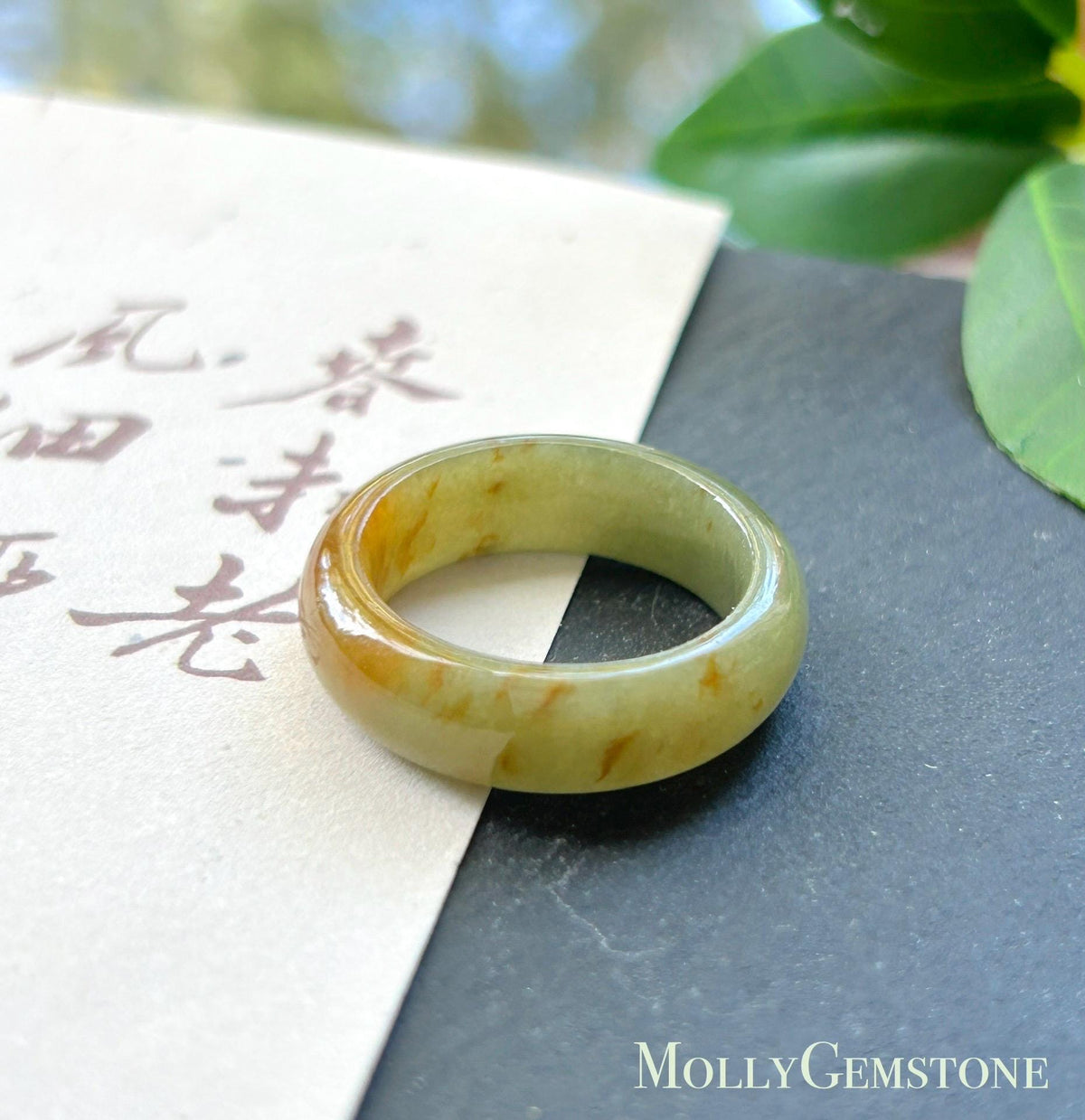 Natural Jadeite Ring | Burmese Type A Fine Glutinous Icy Olive Tea Yellow with Red Floral Jade Band US 6.5