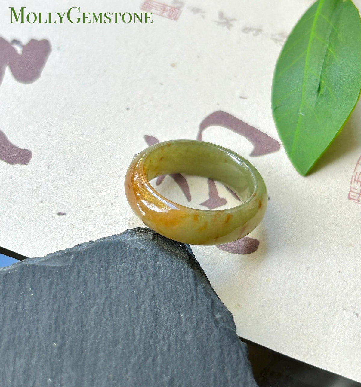 Natural Jadeite Ring | Burmese Type A Fine Glutinous Icy Olive Tea Yellow with Red Floral Jade Band US 6.5