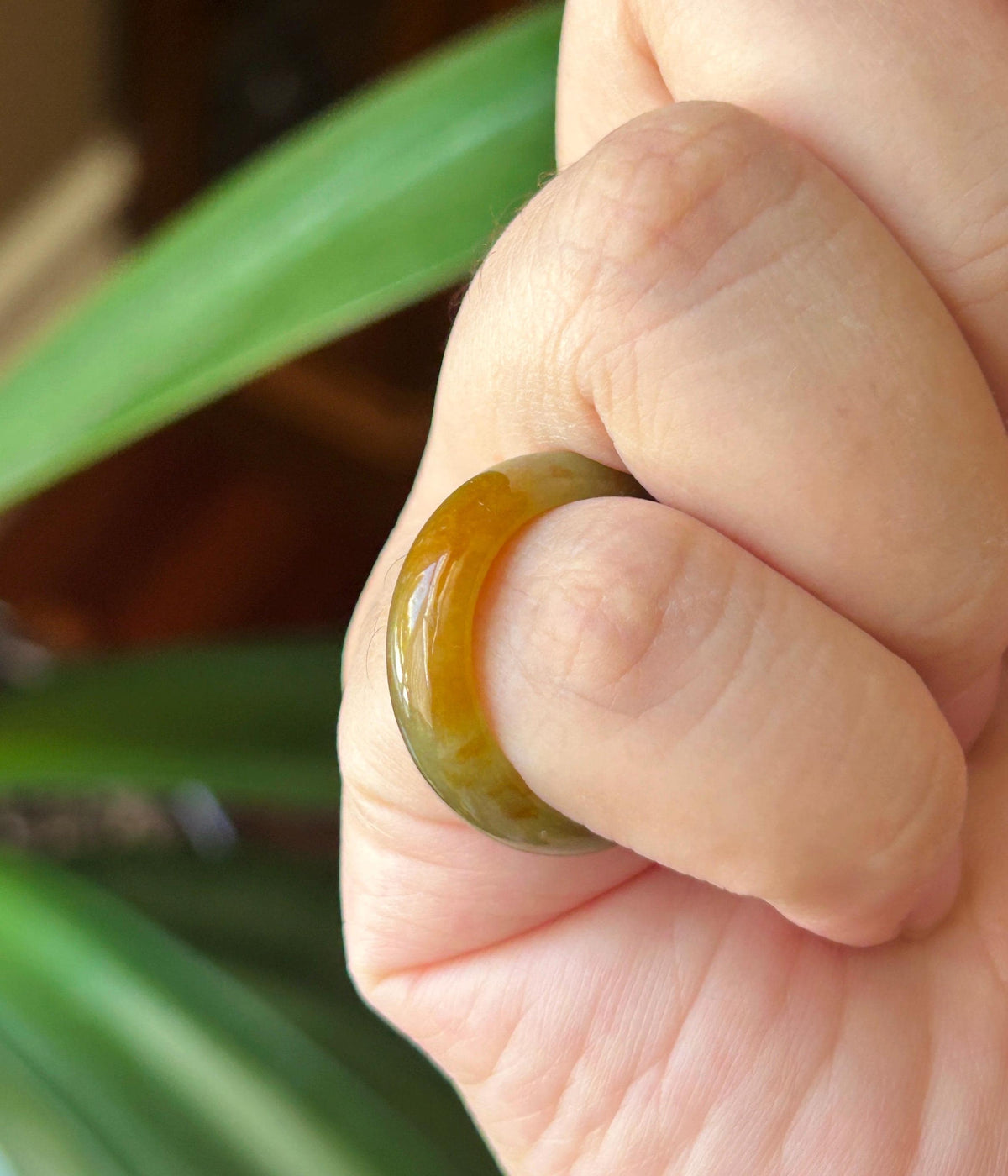 Natural Jadeite Ring | Burmese Type A Fine Glutinous Icy Olive Tea Yellow with Red Floral Jade Band US 6.5