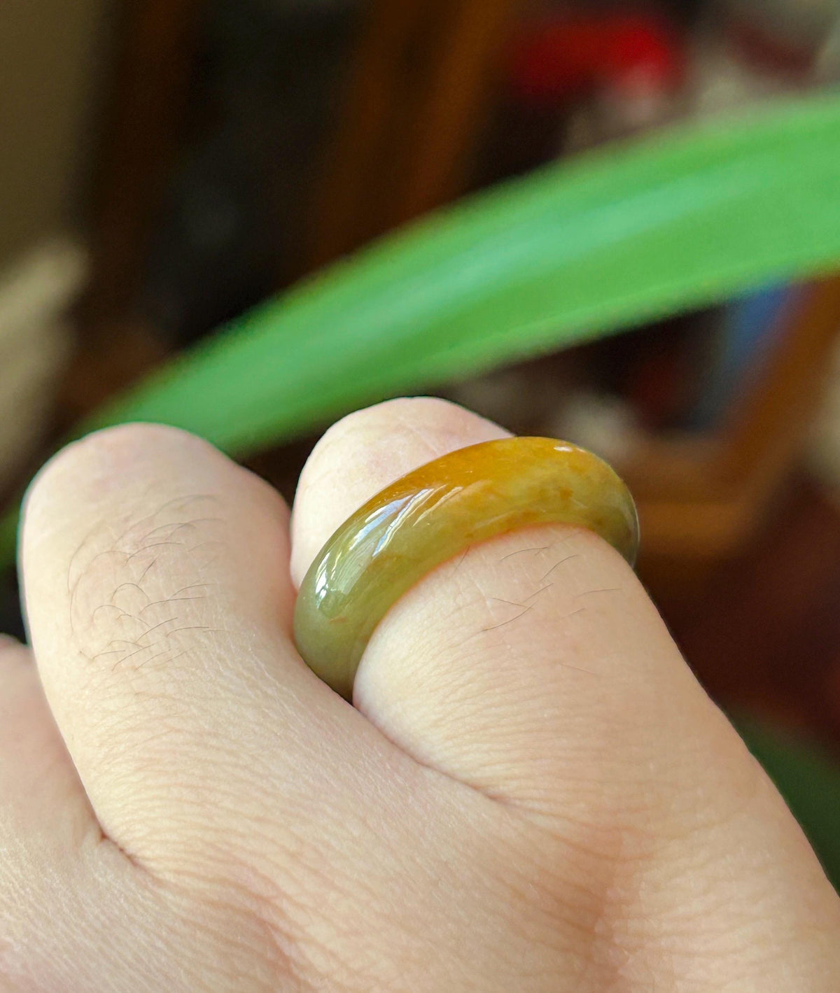 Natural Jadeite Ring | Burmese Type A Fine Glutinous Icy Olive Tea Yellow with Red Floral Jade Band US 6.5