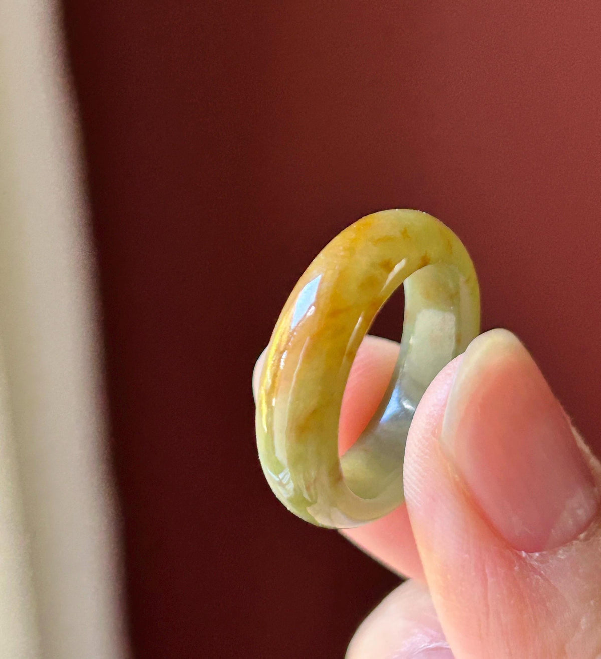 Natural Jadeite Ring | Burmese Type A Fine Glutinous Icy Olive Tea Yellow with Red Floral Jade Band US 6.5