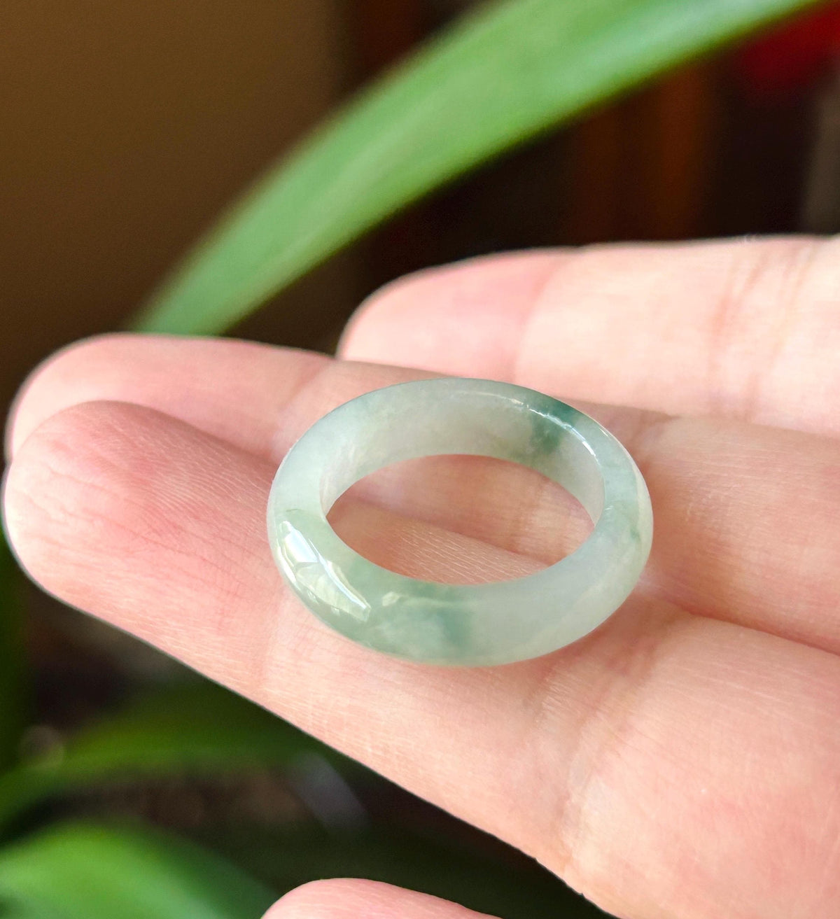 Certified Natural Jadeite Band Ring | Burmese Type A Icy Light Blue Base Bluish Green Floral Jade US 6.5 - 17mm