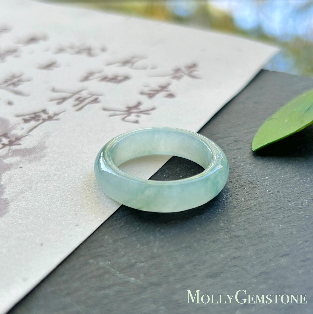 Certified Natural Jadeite Band Ring | Burmese Type A Icy Light Blue Base Bluish Green Floral Jade US 6.5 - 17mm