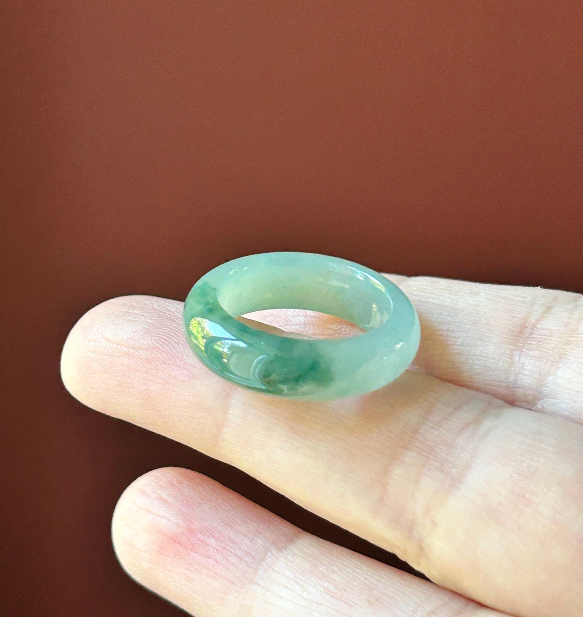 Natural Jadeite Band Ring | Burmese Type A Highly Translucent Icy Bluish Green Floral Jade | US 6.5 |16.9mm