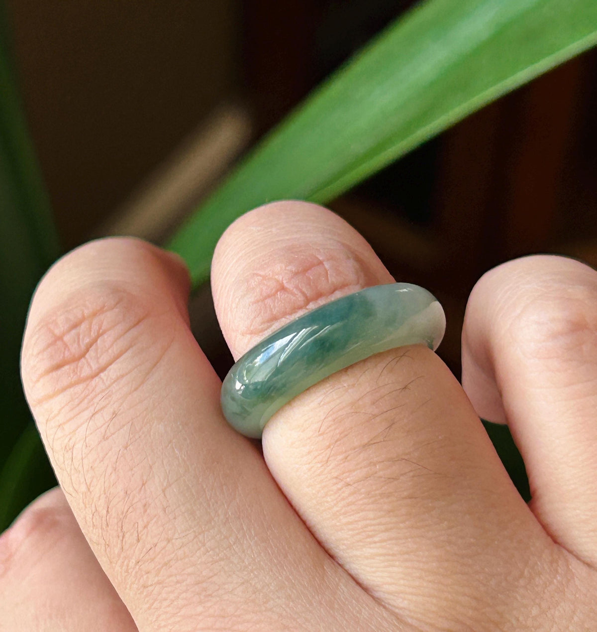 Natural Jadeite Band Ring | Burmese Type A Highly Translucent Icy Bluish Green Floral Jade | US 6.5 |16.9mm