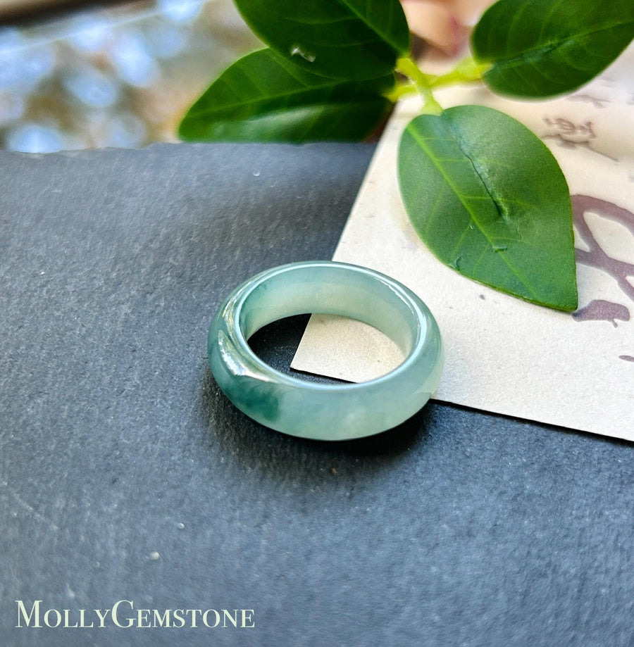 Natural Jadeite Band Ring | Burmese Type A Highly Translucent Icy Bluish Green Floral Jade | US 6.5 |16.9mm
