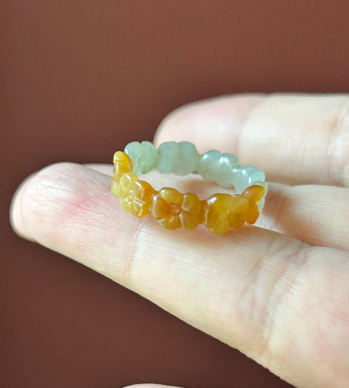 Certified Natural Jadeite Flower Ring, Burmese Type A Fine Glutinous Icy Red & Gray-White Jade Half-Mountain Half-Water Ring US 7.25 / 5.75