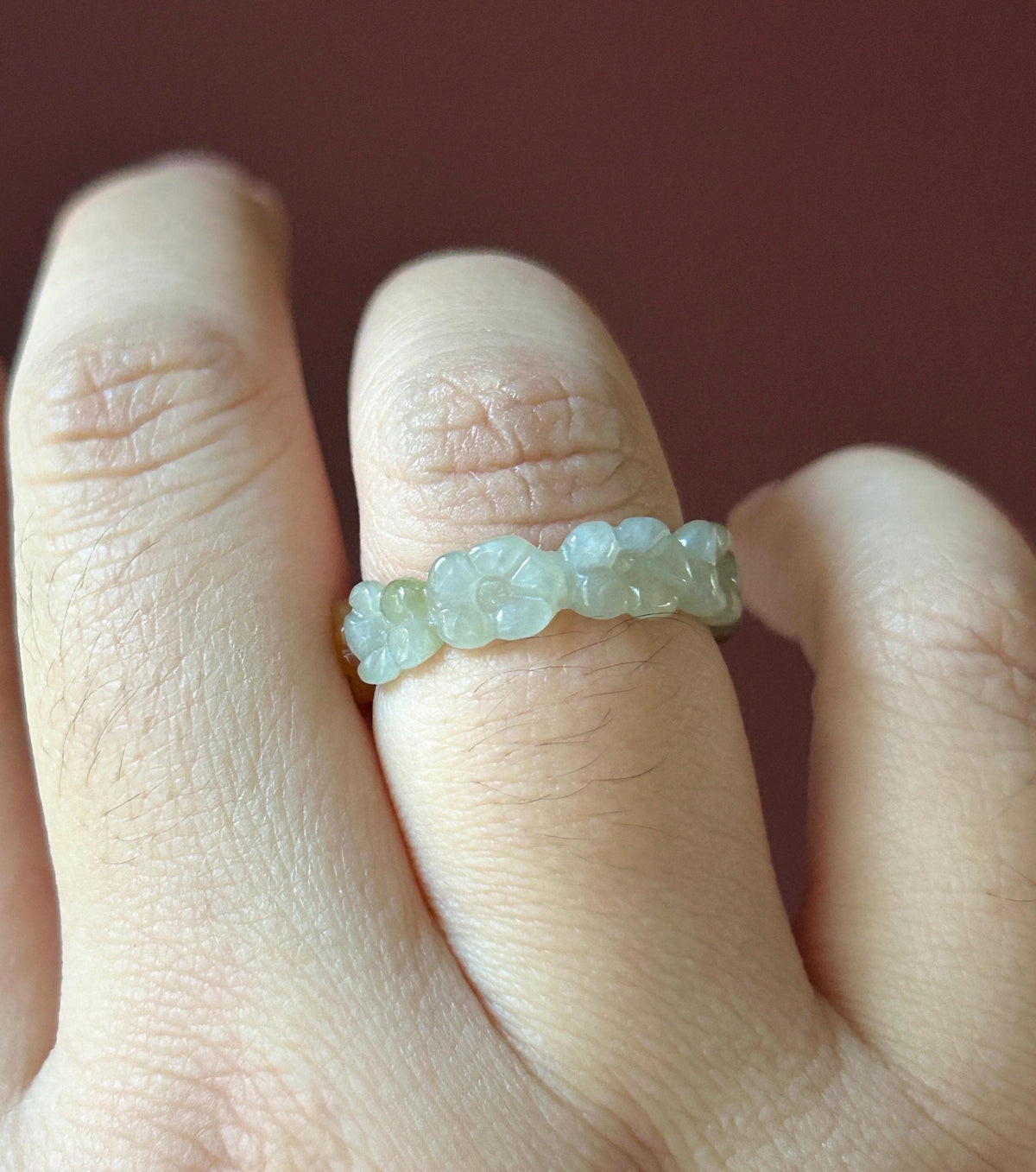 Certified Natural Jadeite Flower Ring, Burmese Type A Fine Glutinous Icy Red & Gray-White Jade Half-Mountain Half-Water Ring US 7.25 / 5.75