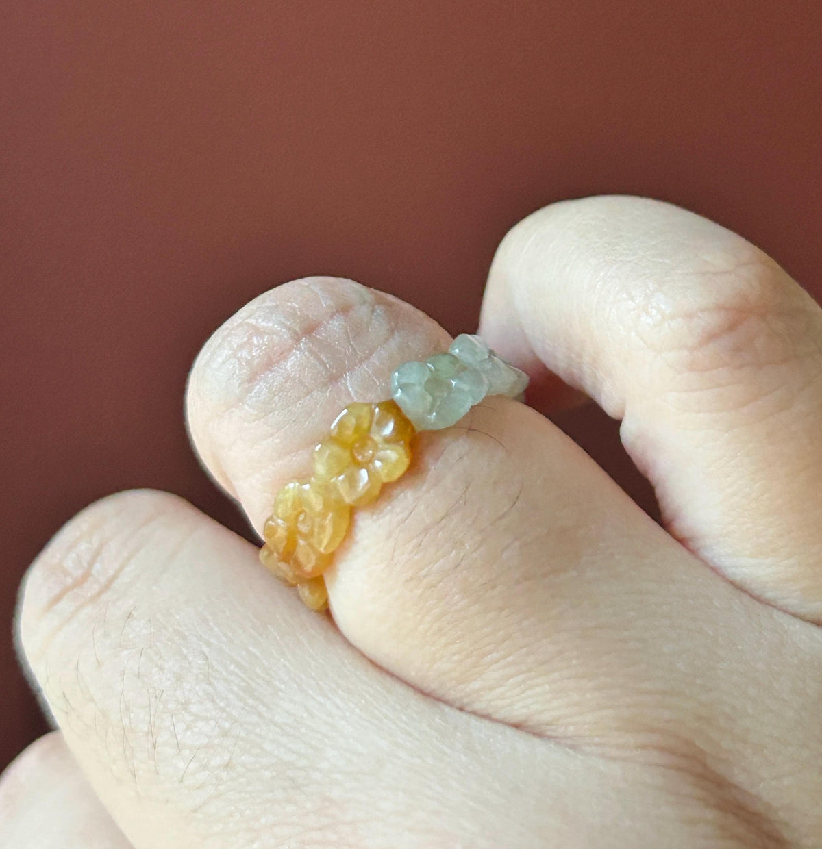 Certified Natural Jadeite Flower Ring, Burmese Type A Fine Glutinous Icy Red & Gray-White Jade Half-Mountain Half-Water Ring US 7.25 / 5.75