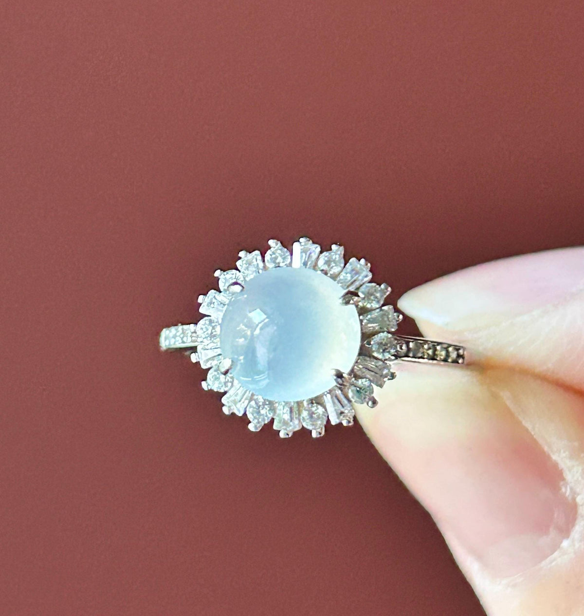 Certified Natural Jadeite Ring | Burmese Type A Highly Translucent Icy Moonlight White Jade, Sterling Silver, 8 x 7.2mm Oval Cabochon