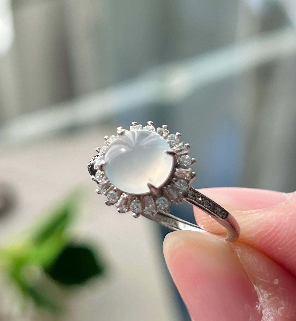 Certified Natural Jadeite Ring | Burmese Type A Highly Translucent Icy Moonlight White Jade, Sterling Silver, 8 x 7.2mm Oval Cabochon