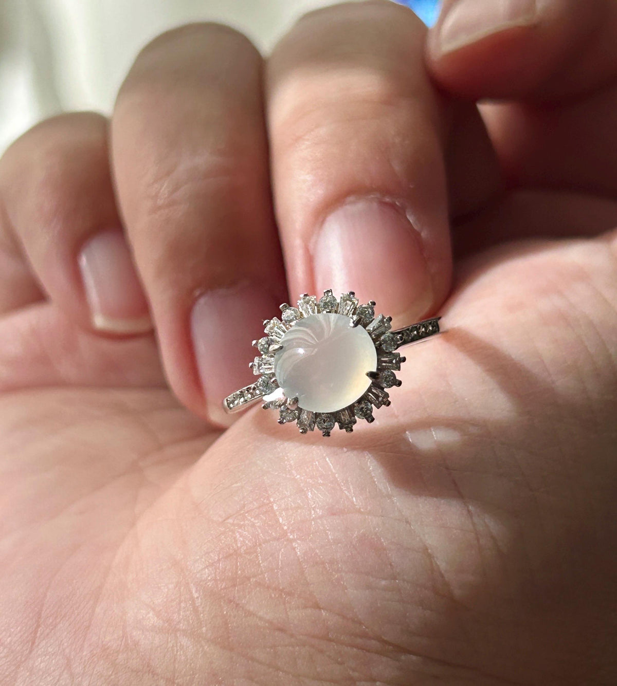 Certified Natural Jadeite Ring | Burmese Type A Highly Translucent Icy Moonlight White Jade, Sterling Silver, 8 x 7.2mm Oval Cabochon