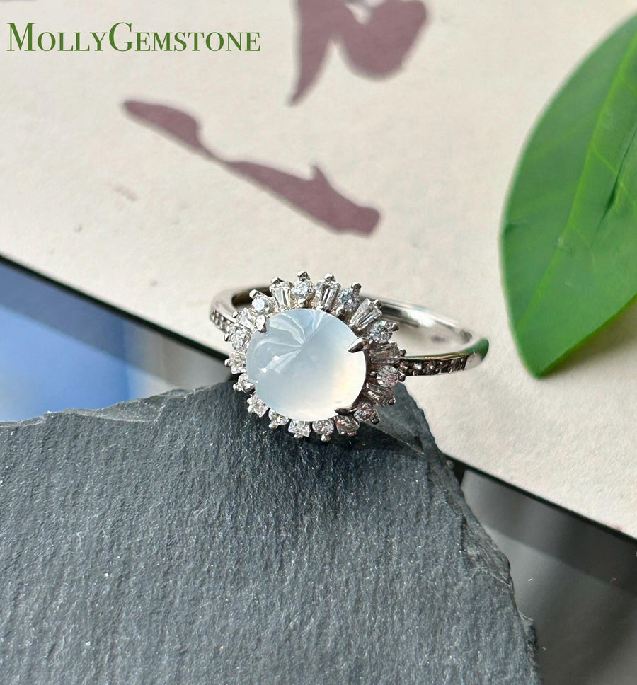 Certified Natural Jadeite Ring | Burmese Type A Highly Translucent Icy Moonlight White Jade, Sterling Silver, 8 x 7.2mm Oval Cabochon