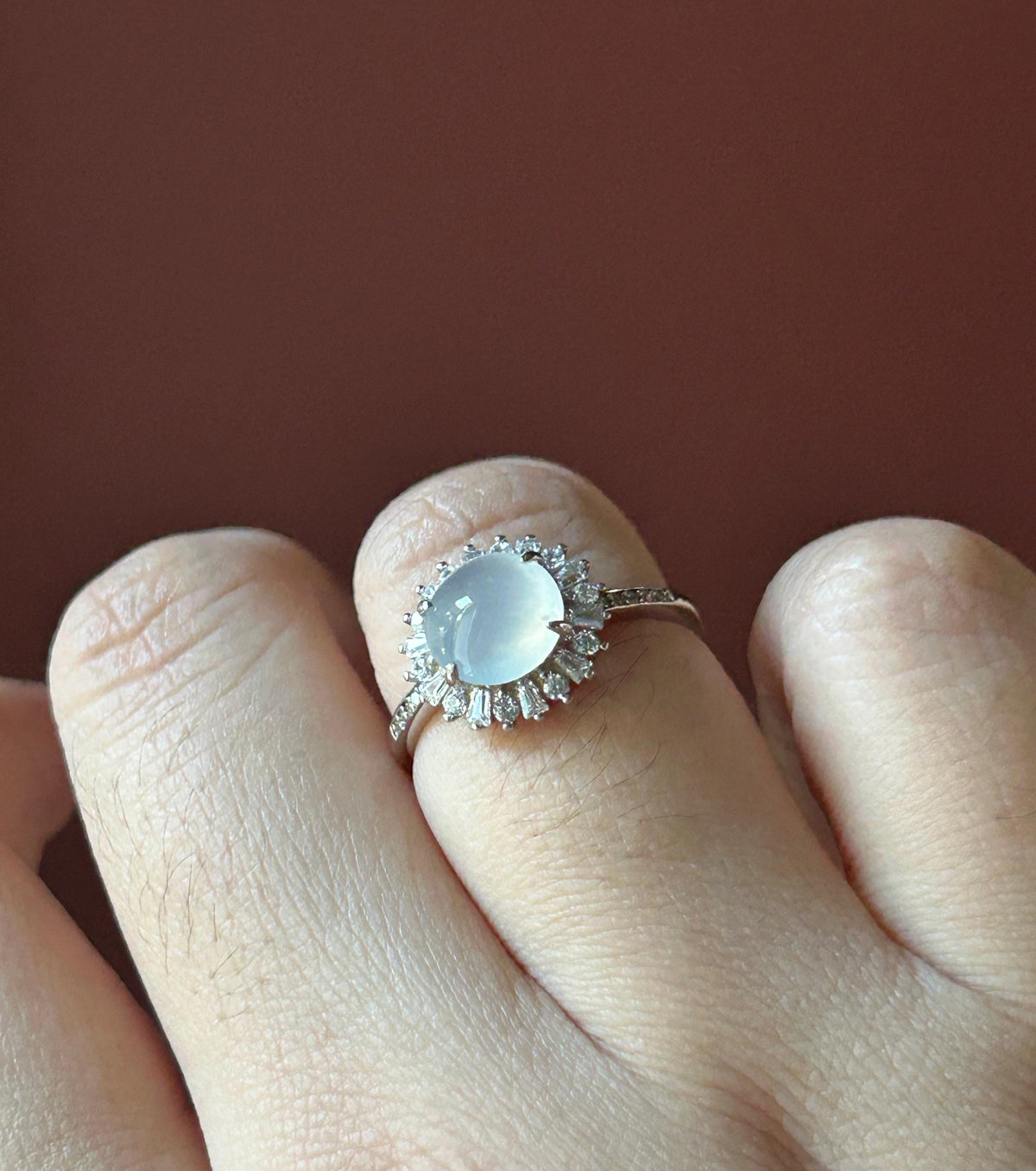 Certified Natural Jadeite Ring | Burmese Type A Highly Translucent Icy Moonlight White Jade, Sterling Silver, 8 x 7.2mm Oval Cabochon