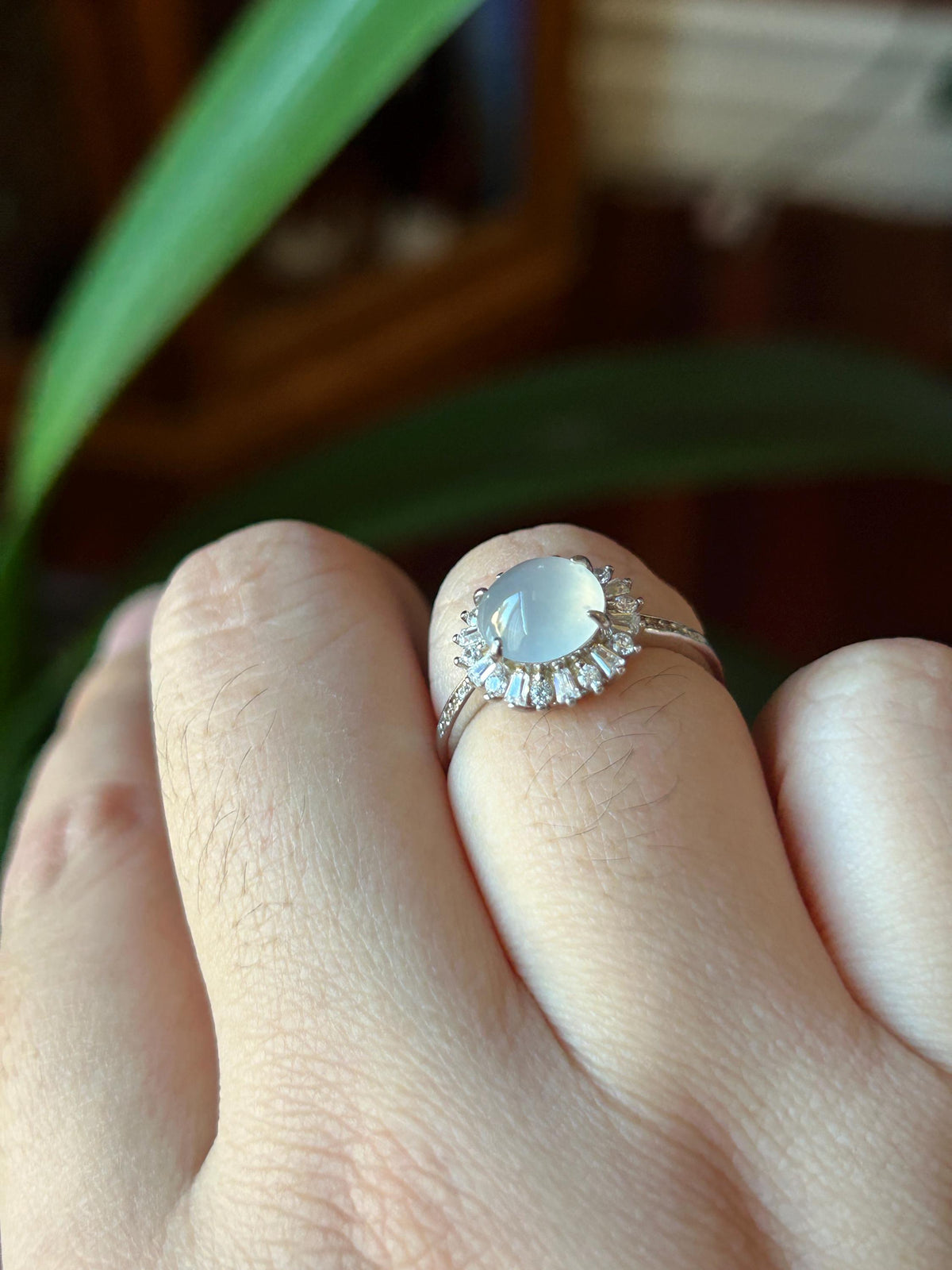Certified Natural Jadeite Ring | Burmese Type A Highly Translucent Icy Moonlight White Jade, Sterling Silver, 8 x 7.2mm Oval Cabochon