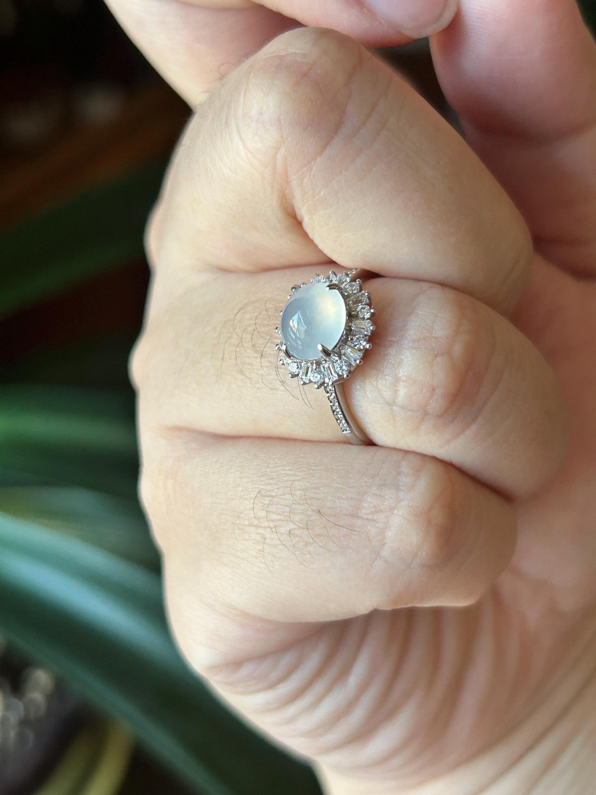Certified Natural Jadeite Ring | Burmese Type A Highly Translucent Icy Moonlight White Jade, Sterling Silver, 8 x 7.2mm Oval Cabochon