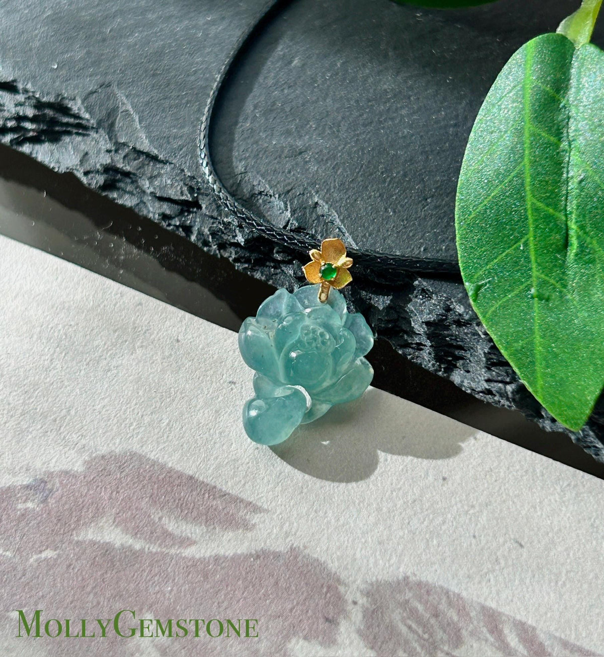 Certified Natural Jadeite Lotus Pendant Minimalist Jewelry Guatemalan Type A Highly Translucent Icy Light Teal Blue Jade 18k Solid Gold Bail
