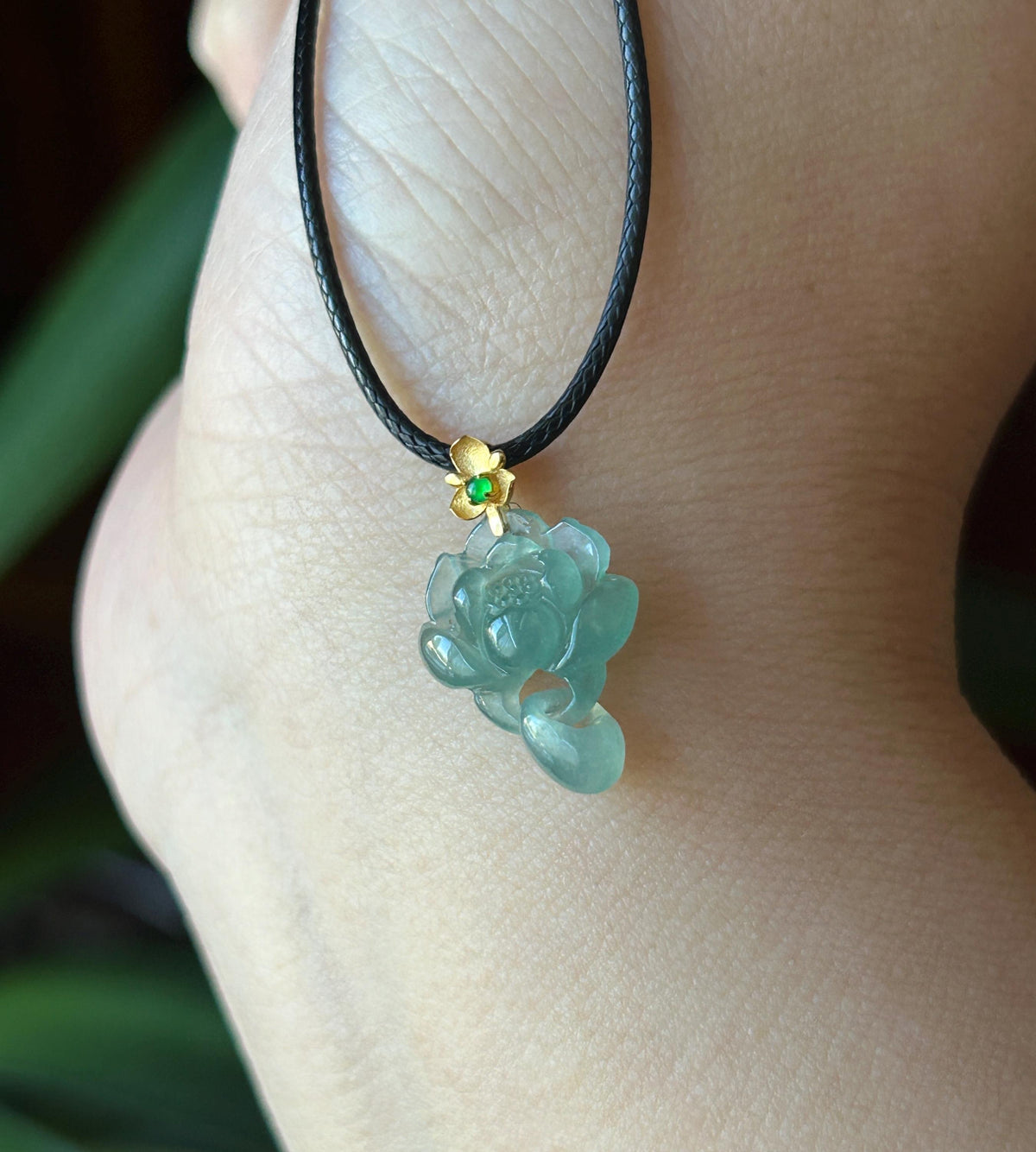 Certified Natural Jadeite Lotus Pendant Minimalist Jewelry Guatemalan Type A Highly Translucent Icy Light Teal Blue Jade 18k Solid Gold Bail
