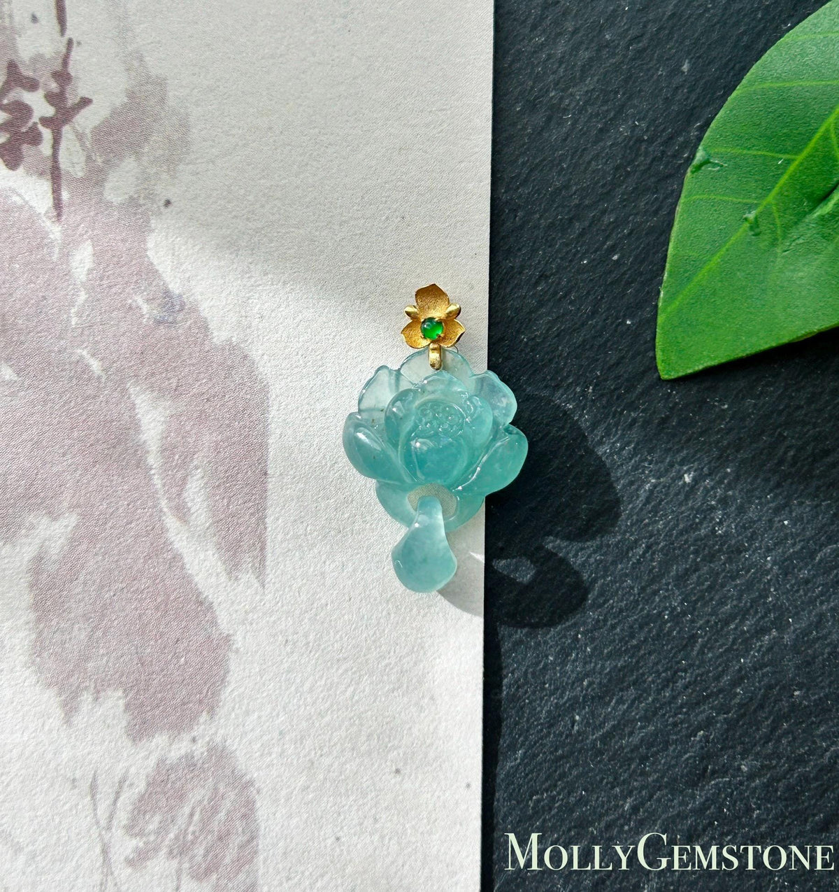 Certified Natural Jadeite Lotus Pendant Minimalist Jewelry Guatemalan Type A Highly Translucent Icy Light Teal Blue Jade 18k Solid Gold Bail