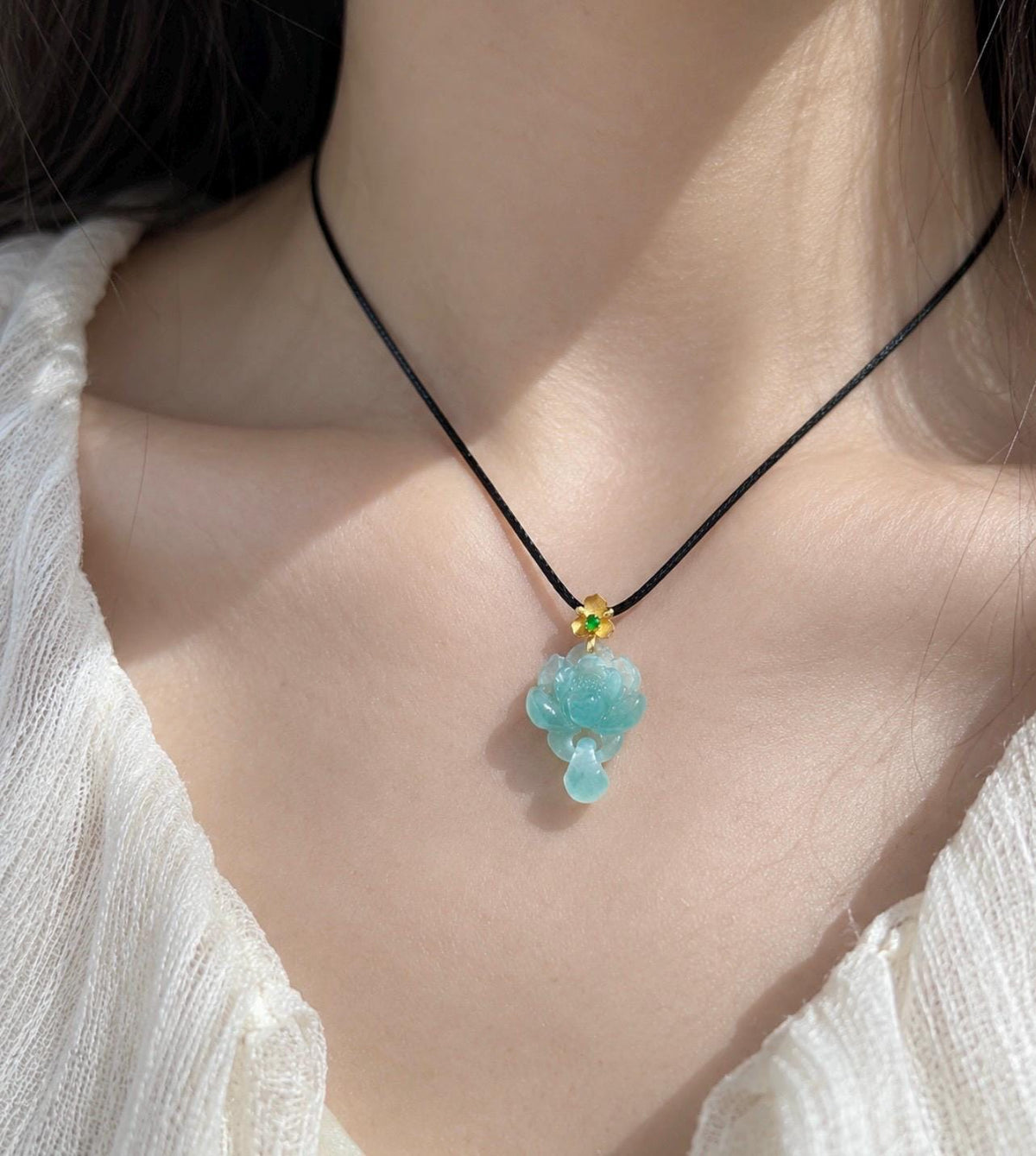 Certified Natural Jadeite Lotus Pendant Minimalist Jewelry Guatemalan Type A Highly Translucent Icy Light Teal Blue Jade 18k Solid Gold Bail