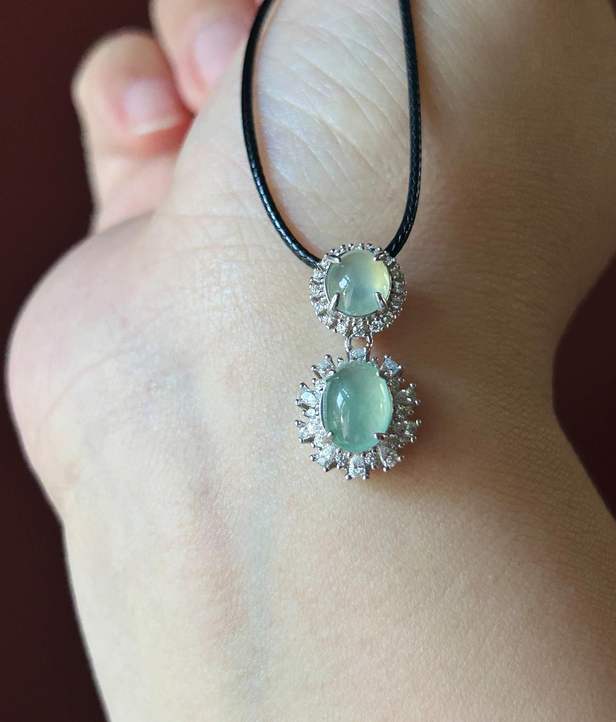 Certified Natural Jadeite Dual- Cabochon Pendant Burmese Type A Icy Translucent Mint Green & Pear Yellow Jade in Sterling Silver