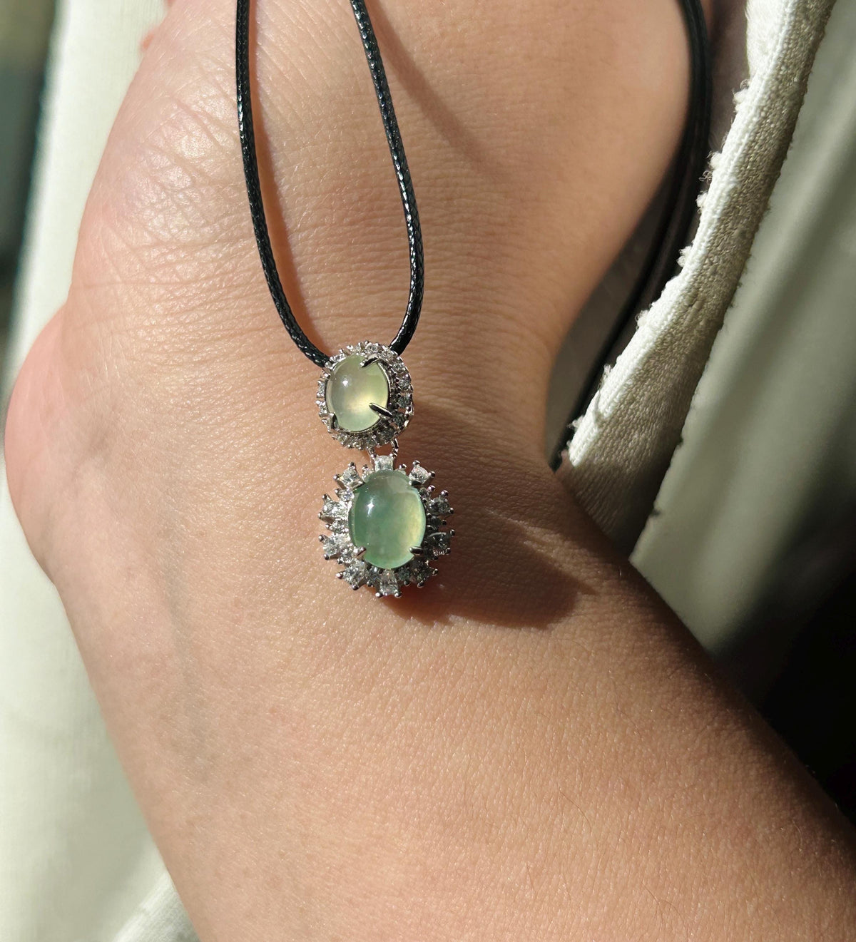 Certified Natural Jadeite Dual- Cabochon Pendant Burmese Type A Icy Translucent Mint Green & Pear Yellow Jade in Sterling Silver