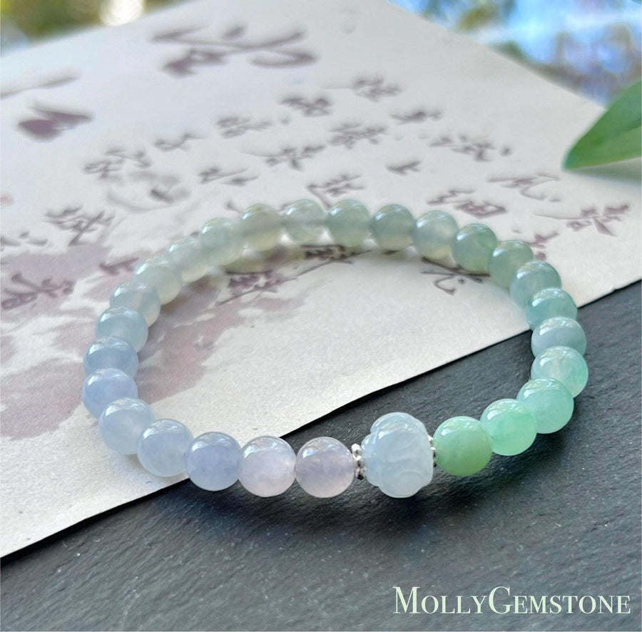 Natural Jadeite Beaded Bracelet, Burmese Type A Untreated Highly Translucent Icy Pastel Macaron Rainbow Gradient Multicolor Jade, 6.5mm