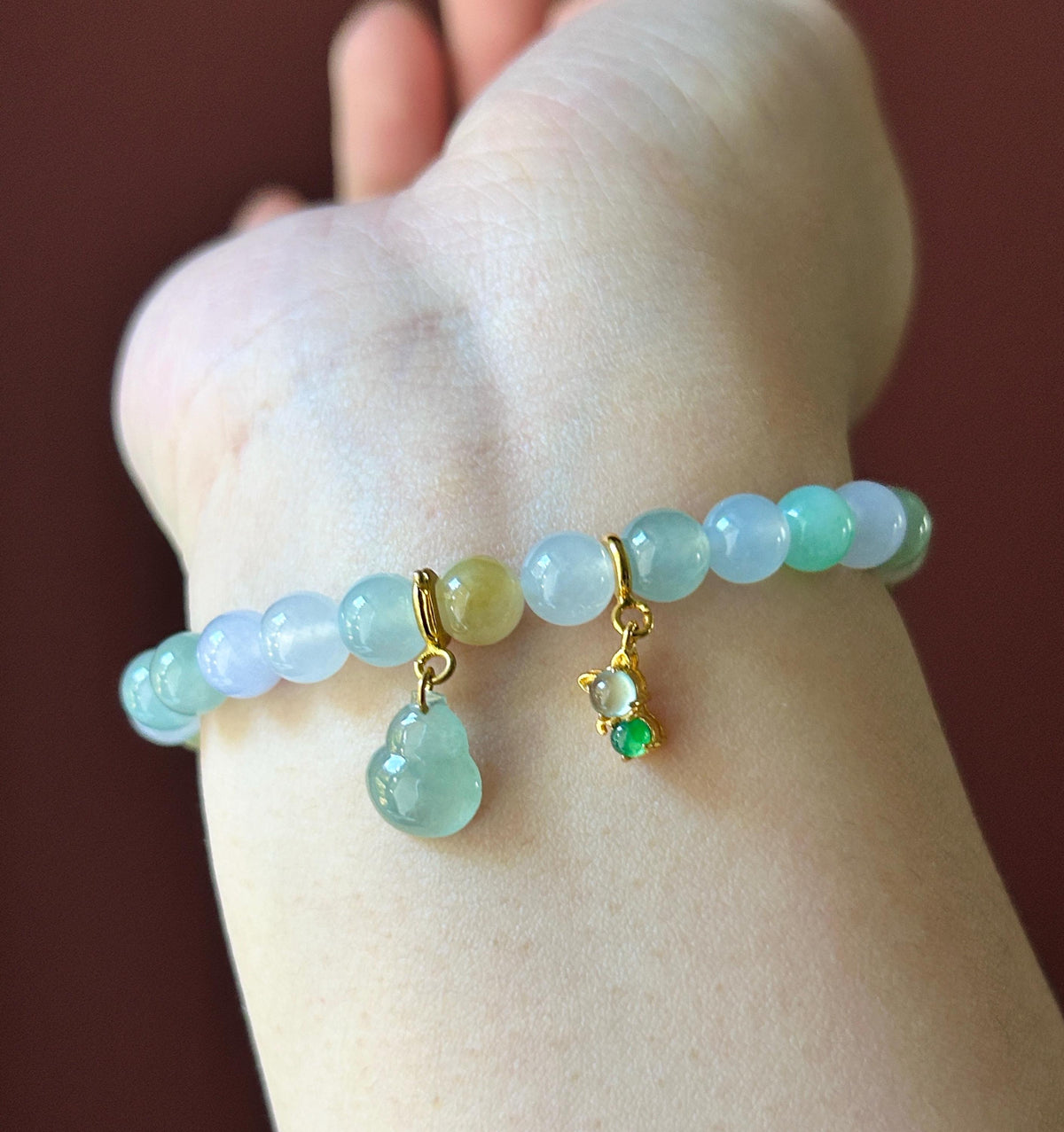 Natural Jadeite Beaded Bracelet Burmese Type A Highly Translucent Icy Macaron Multicolor Jade 7.1mm Minimalist Jewelry Hulu Charm