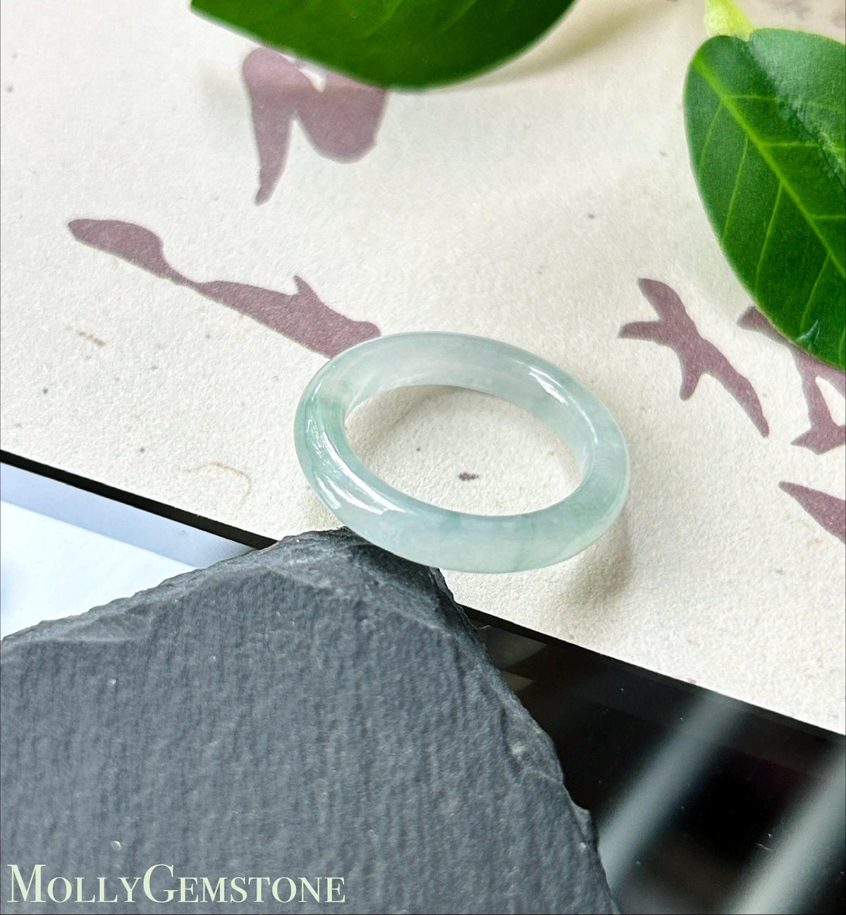 Certified Natural Jadeite Band Ring | Burmese Type A Icy Light Blue Base Bluish Green Floral Jade US 6 - 16.5mm