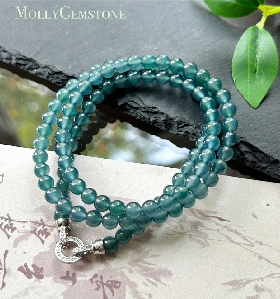 Certified Natural Jadeite Beaded Stacked Bracelet/Necklace Jewelry Guatemalan Type A Highly Translucent Icy Teal Blue Jade 6mm