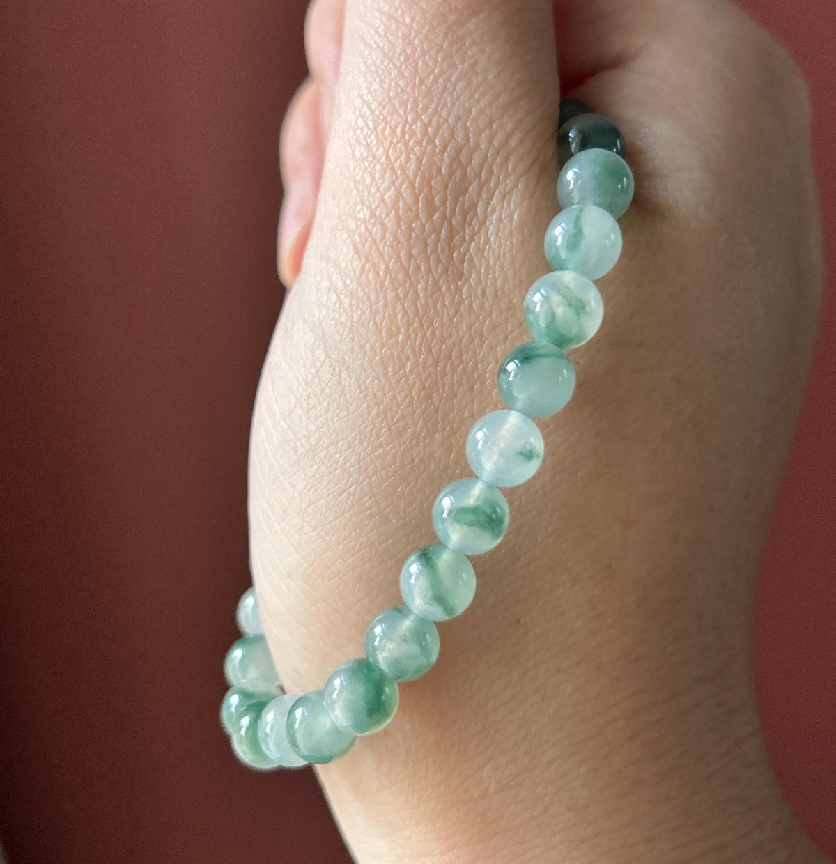 Natural Jadeite Beaded Bracelet, Burmese Type A Highly Translucent Icy Blue Green Floral Jade, 6.8mm