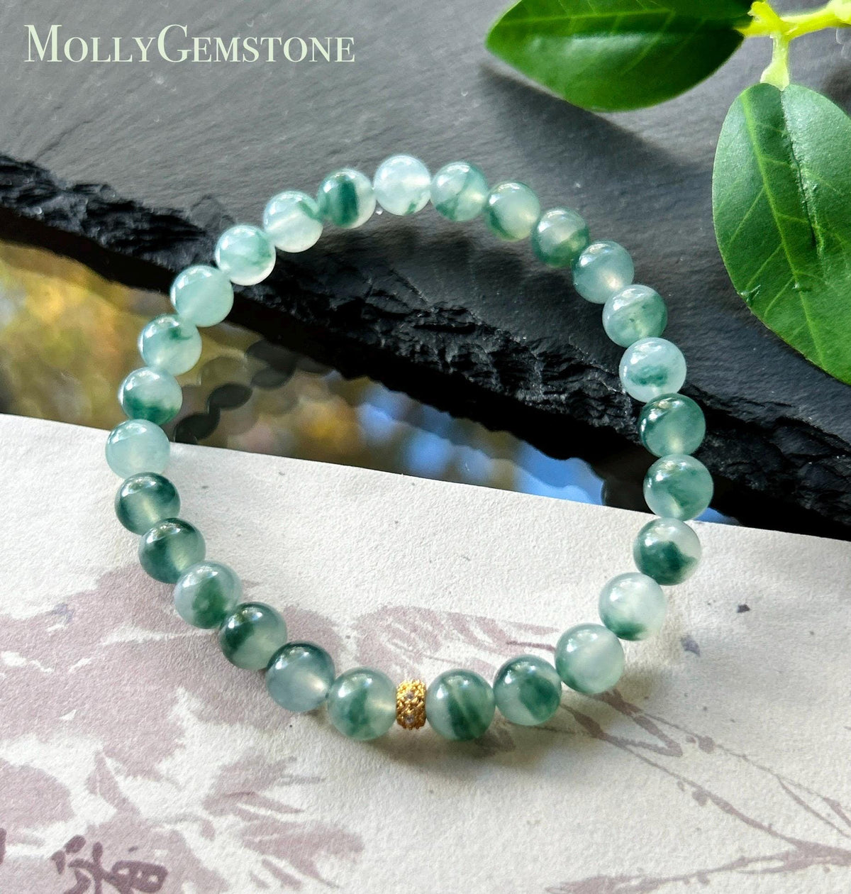 Natural Jadeite Beaded Bracelet, Burmese Type A Highly Translucent Icy Blue Green Floral Jade, 6.8mm