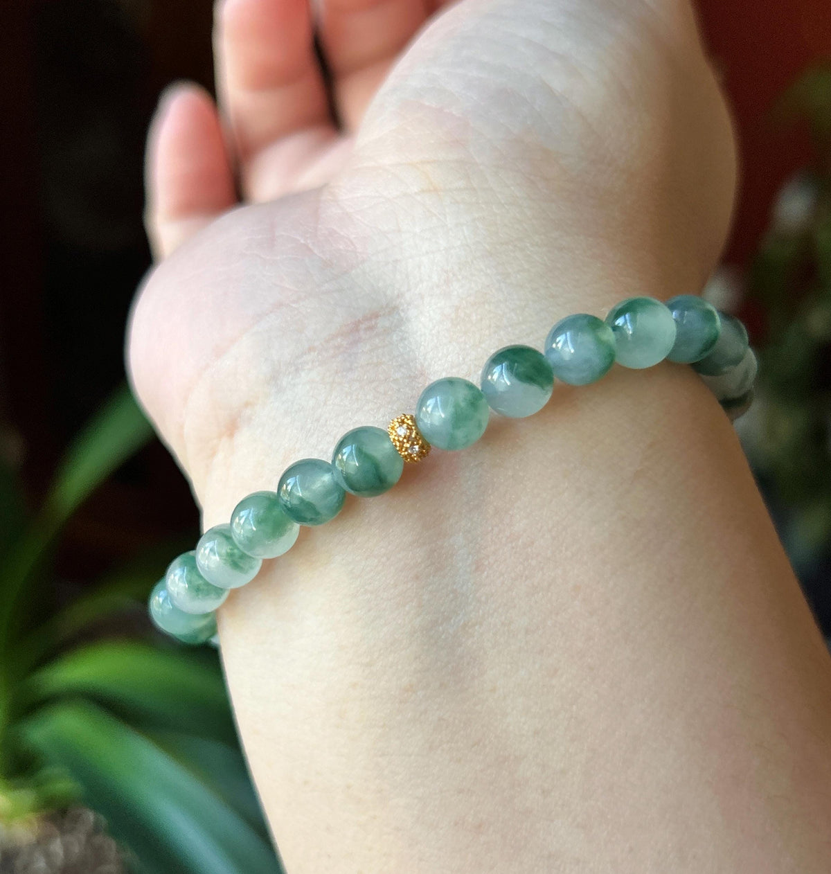 Natural Jadeite Beaded Bracelet, Burmese Type A Highly Translucent Icy Blue Green Floral Jade, 6.8mm