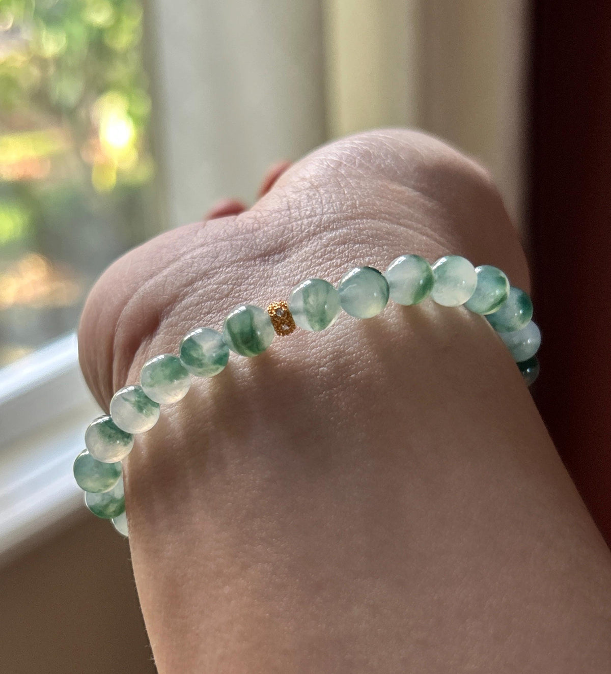 Natural Jadeite Beaded Bracelet, Burmese Type A Highly Translucent Icy Blue Green Floral Jade, 6.8mm