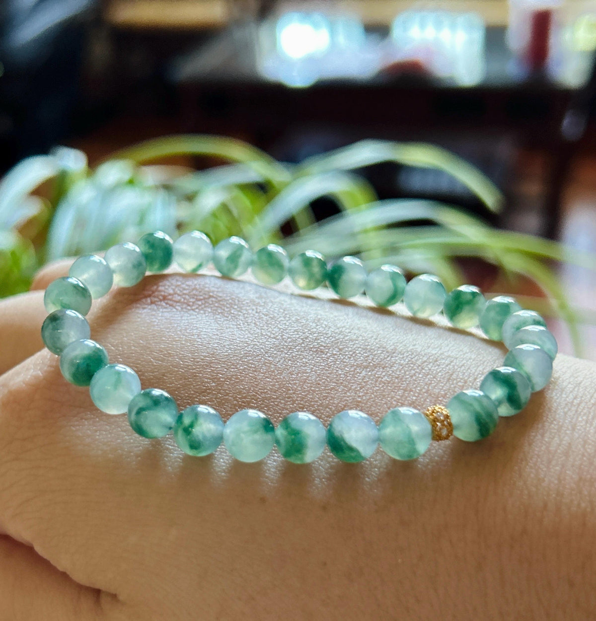 Natural Jadeite Beaded Bracelet, Burmese Type A Highly Translucent Icy Blue Green Floral Jade, 6.8mm