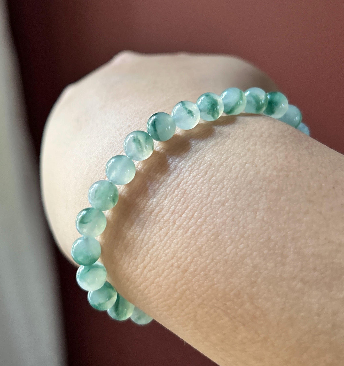 Natural Jadeite Beaded Bracelet, Burmese Type A Highly Translucent Icy Blue Green Floral Jade, 6.8mm