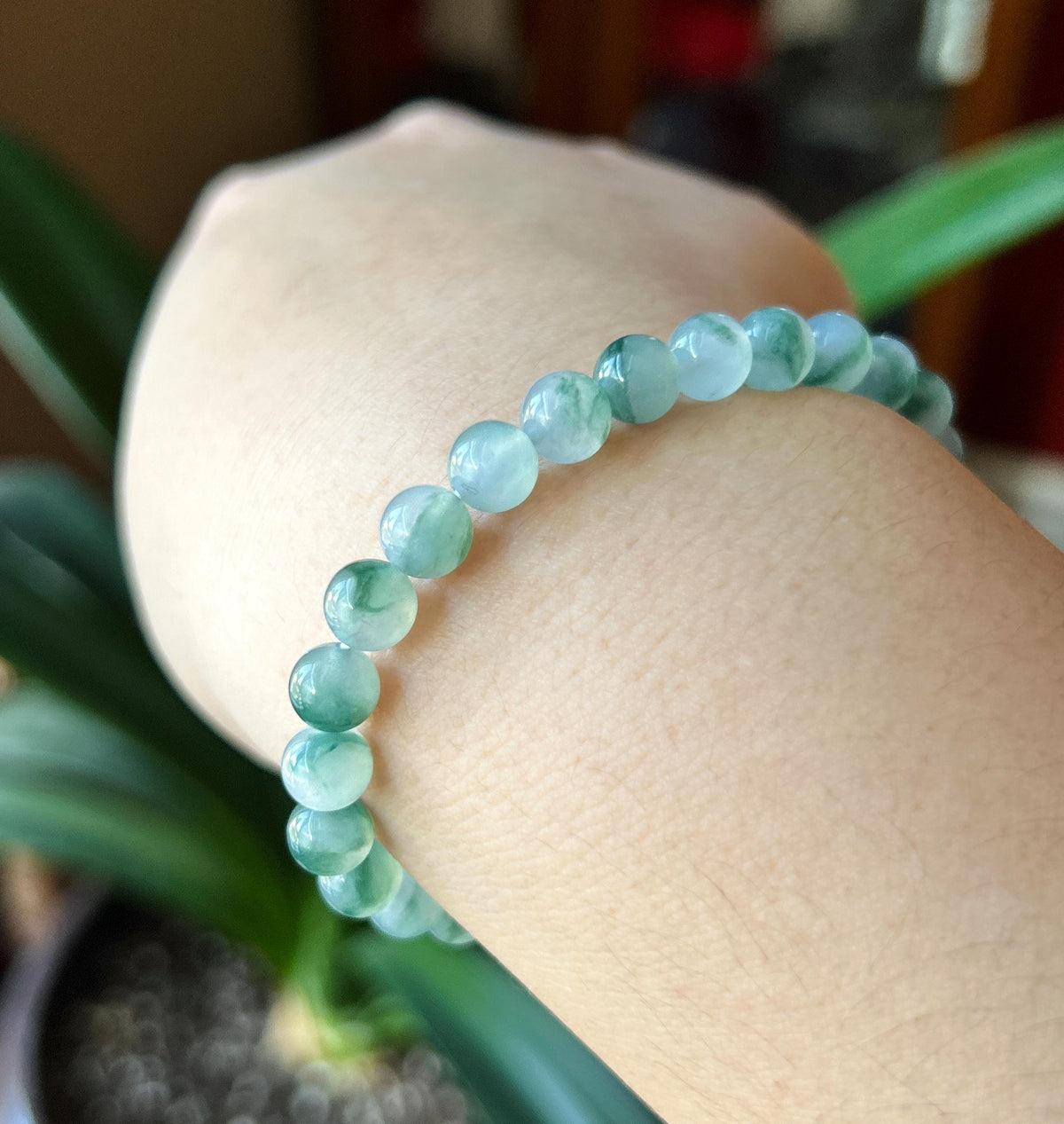 Natural Jadeite Beaded Bracelet, Burmese Type A Highly Translucent Icy Blue Green Floral Jade, 6.8mm