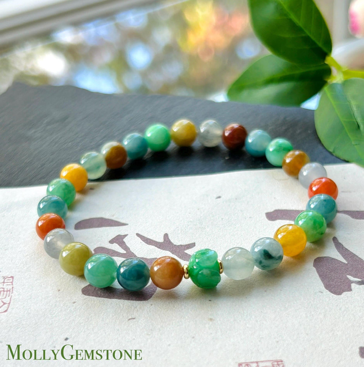 Natural Jadeite Beaded Bracelet, Burmese Type A Fine Icy Translucent Vivid Rainbow Multicolor Jade Beads, 6.8mm Duobao Bracelet