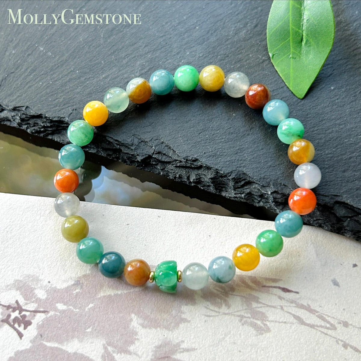 Natural Jadeite Beaded Bracelet, Burmese Type A Fine Icy Translucent Vivid Rainbow Multicolor Jade Beads, 6.8mm Duobao Bracelet