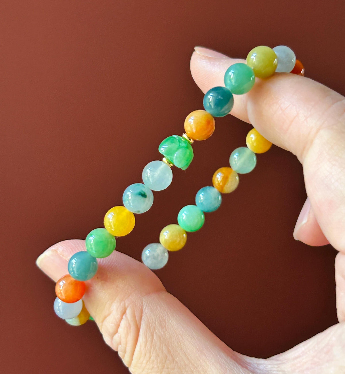 Natural Jadeite Beaded Bracelet, Burmese Type A Fine Icy Translucent Vivid Rainbow Multicolor Jade Beads, 6.8mm Duobao Bracelet
