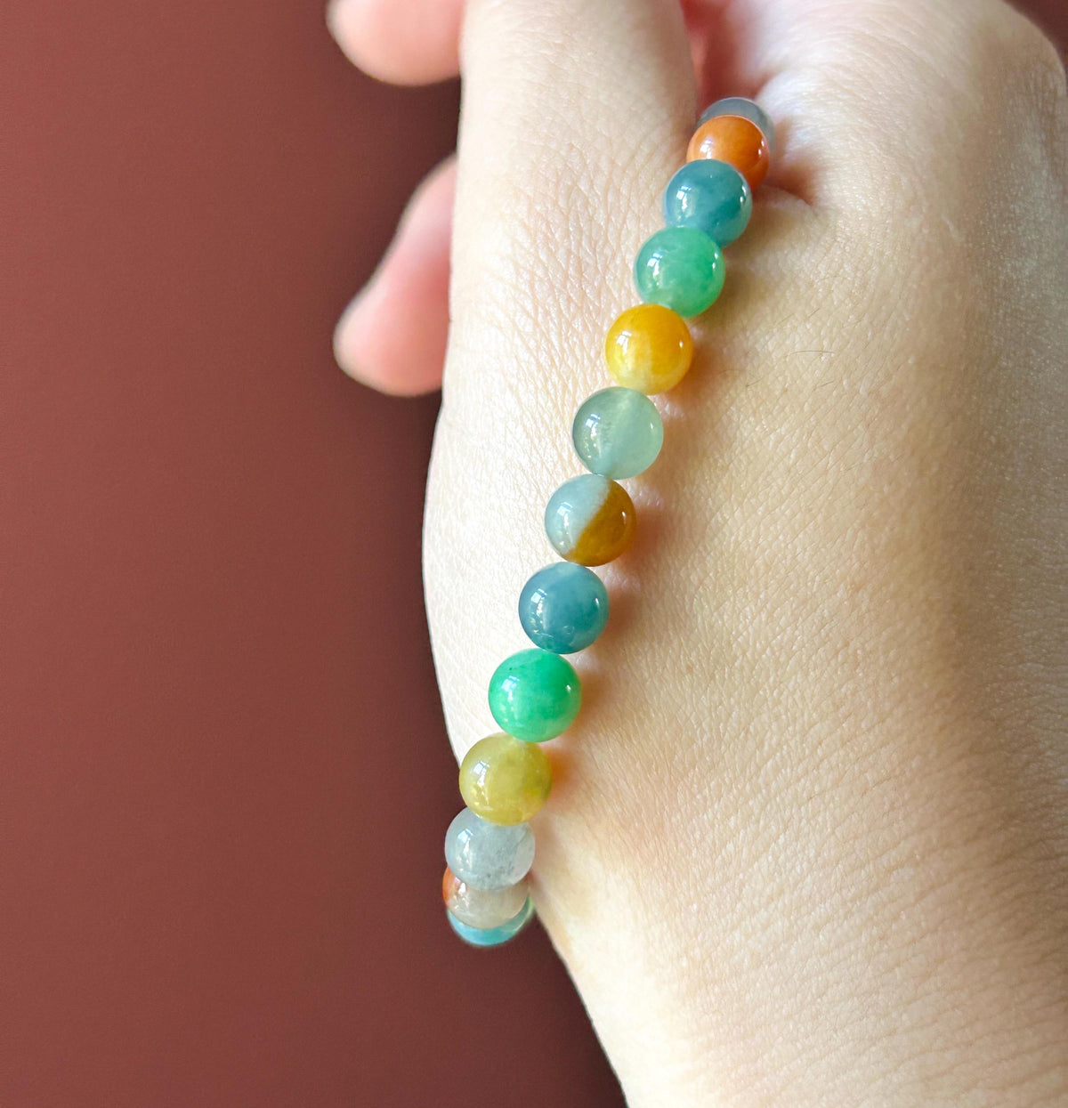 Natural Jadeite Beaded Bracelet, Burmese Type A Fine Icy Translucent Vivid Rainbow Multicolor Jade Beads, 6.8mm Duobao Bracelet