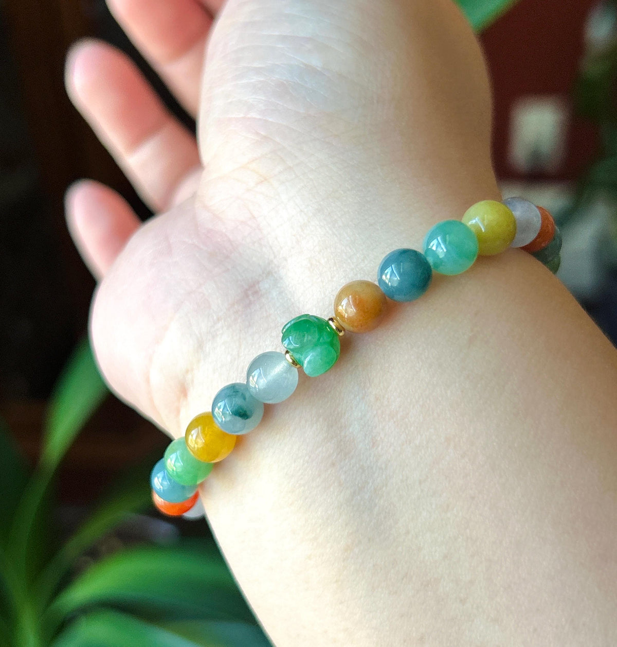 Natural Jadeite Beaded Bracelet, Burmese Type A Fine Icy Translucent Vivid Rainbow Multicolor Jade Beads, 6.8mm Duobao Bracelet