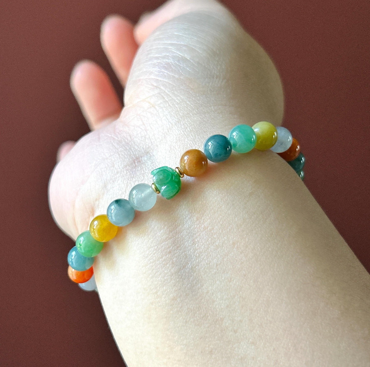 Natural Jadeite Beaded Bracelet, Burmese Type A Fine Icy Translucent Vivid Rainbow Multicolor Jade Beads, 6.8mm Duobao Bracelet