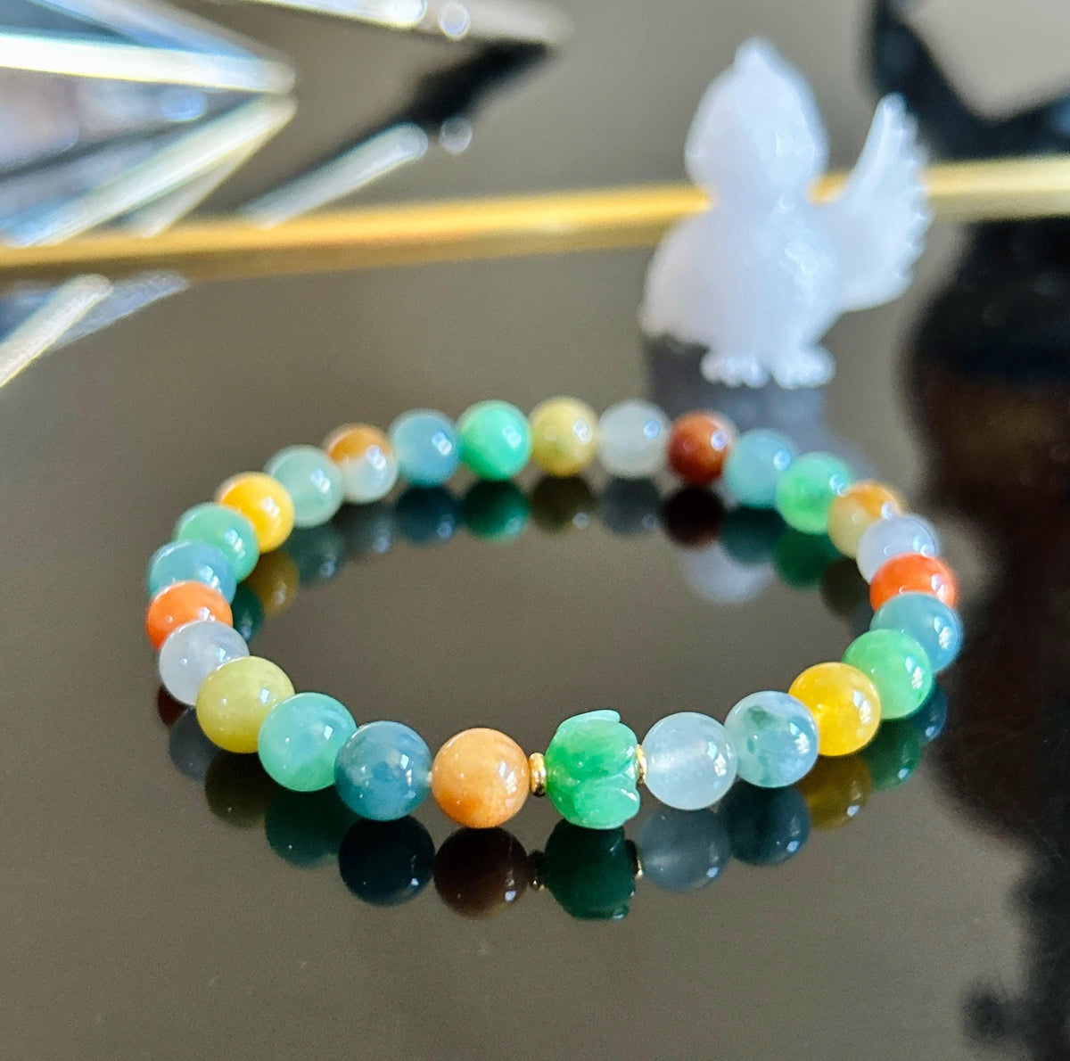 Natural Jadeite Beaded Bracelet, Burmese Type A Fine Icy Translucent Vivid Rainbow Multicolor Jade Beads, 6.8mm Duobao Bracelet