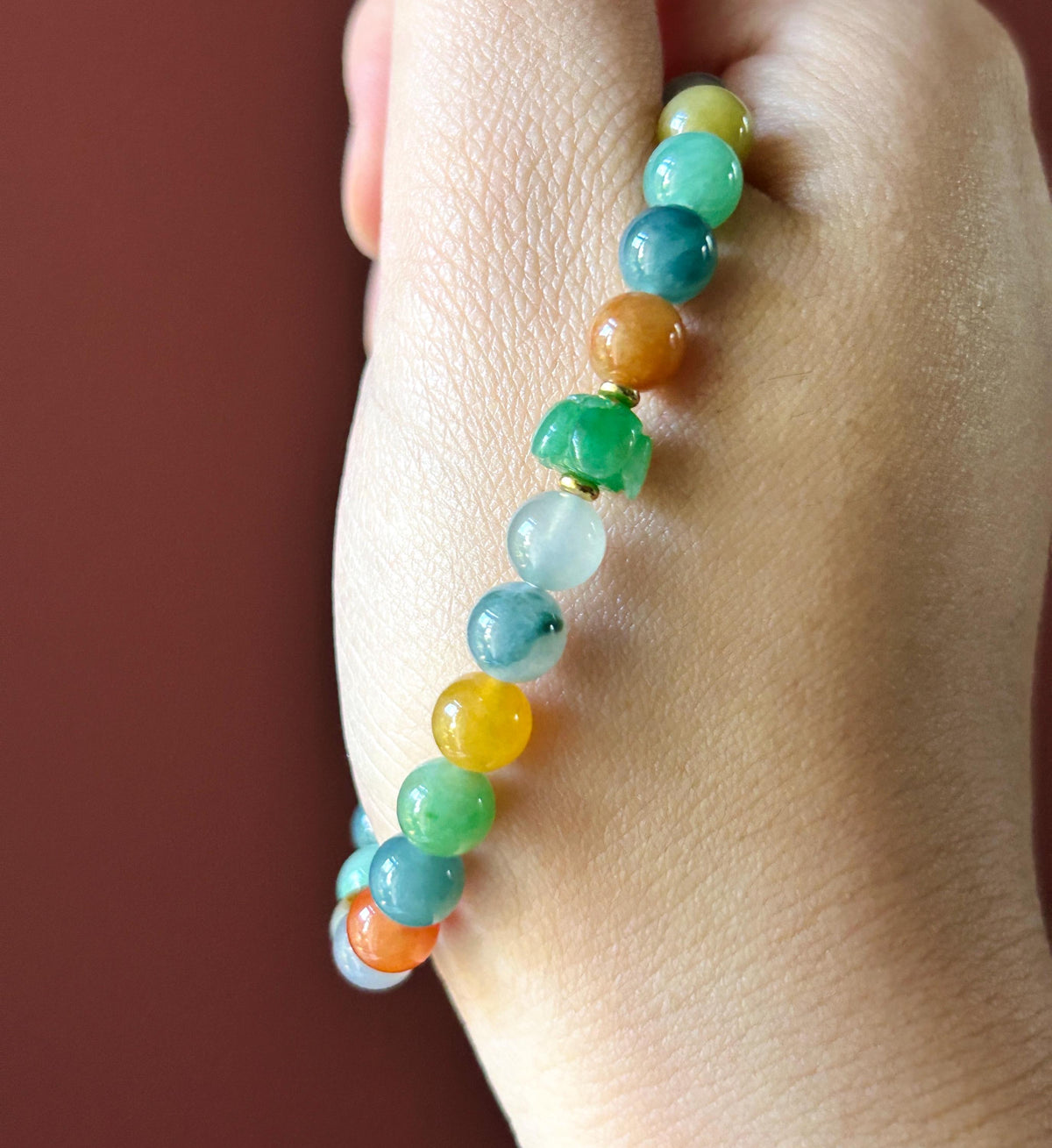 Natural Jadeite Beaded Bracelet, Burmese Type A Fine Icy Translucent Vivid Rainbow Multicolor Jade Beads, 6.8mm Duobao Bracelet