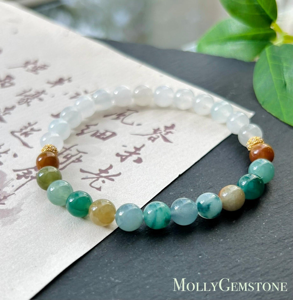 Natural Jadeite Bracelet, Burmese Type A Translucent Multicolor and Icy White Jade, 3-Way Styling, Glutinous Icy Jadeite Beads 6.8mm