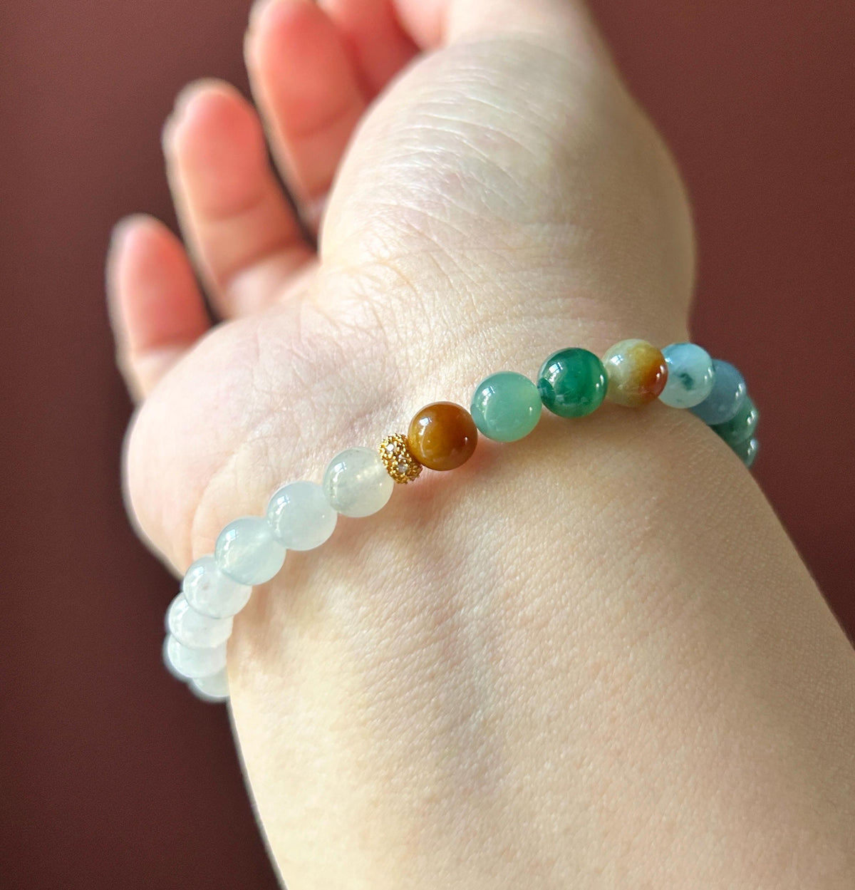 Natural Jadeite Bracelet, Burmese Type A Translucent Multicolor and Icy White Jade, 3-Way Styling, Glutinous Icy Jadeite Beads 6.8mm